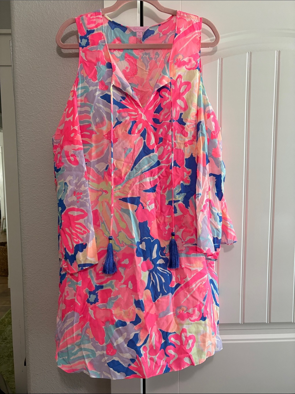 Lilly Pulitzer Neon Pink Floral Tassel V-Neck Tunic